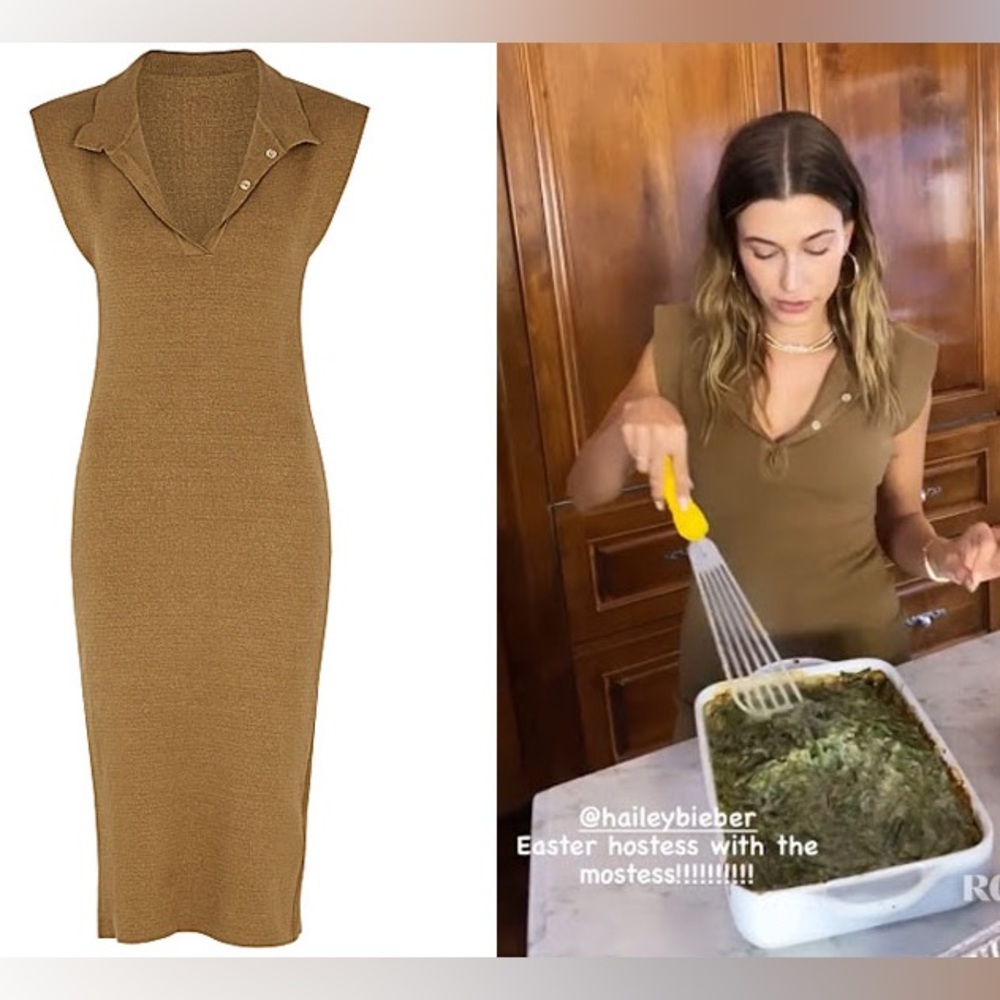 Jacquemus La Robe Santon Brown Linen Knitted Collared Midi Sheath Dress